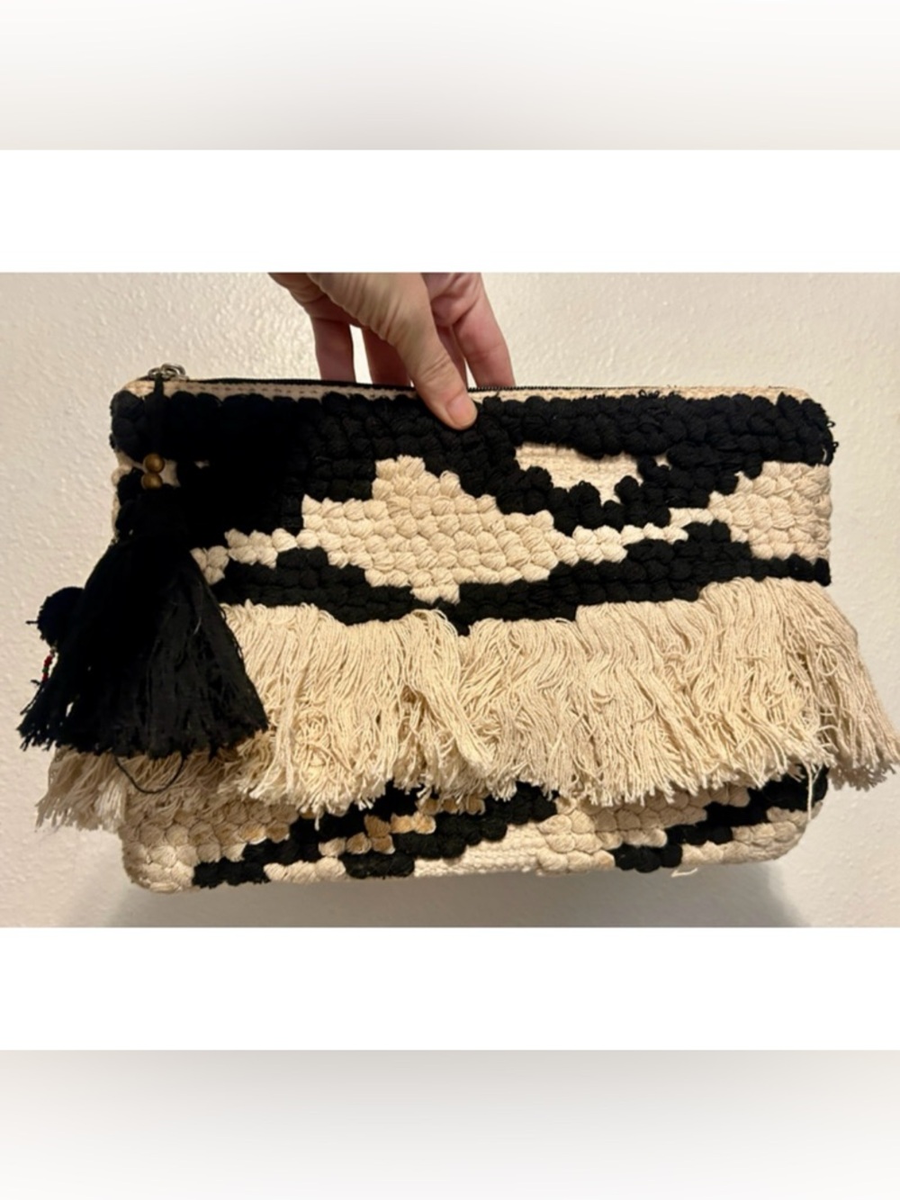 MANGO Boho Embroidered Clutch Bag Woven Cotton Macrame Fringe Black Off White - Picture 2 of 13